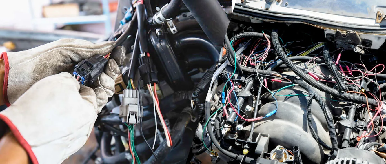 auto_wiring_different_types person repairing an automotive harness connector and a close up of a car engine