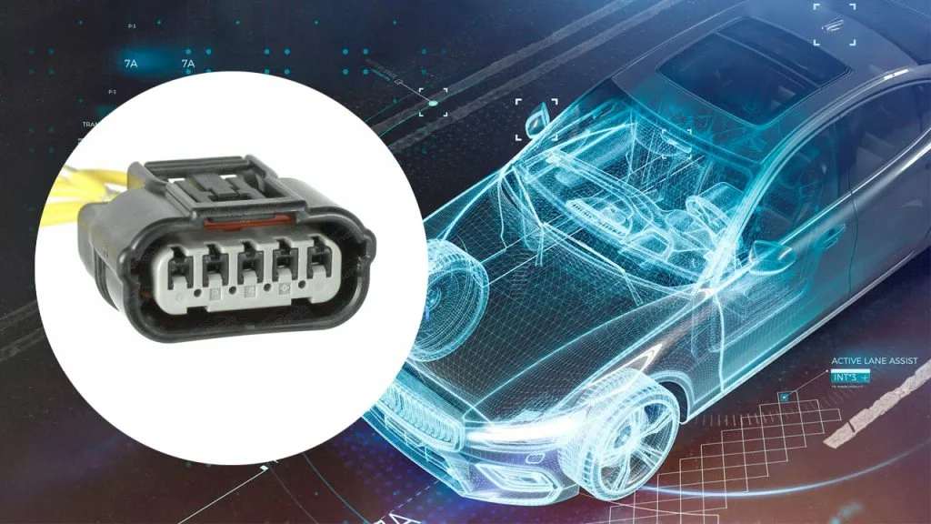 spot light on a 5 pin automotive connector with a automotive diagram in the back