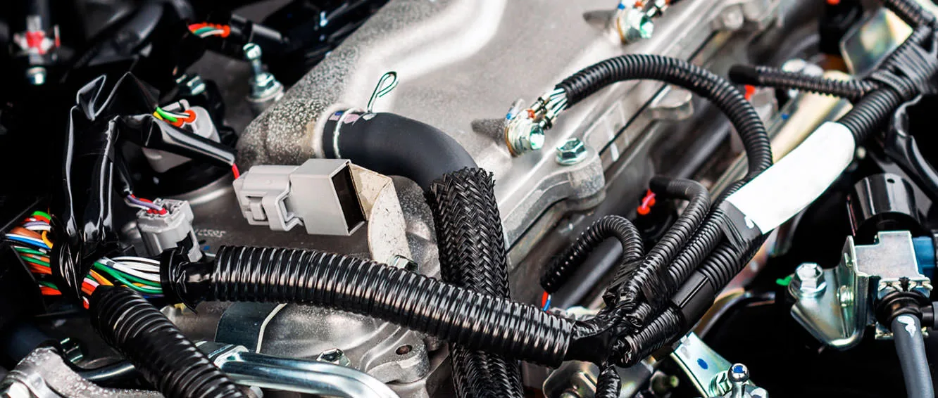 automotive_connectors_harness close up of an automobile engine with electronic pigtail connectors
