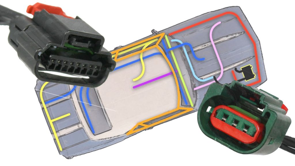 Two automotive connectors and car wiring diagram with colors